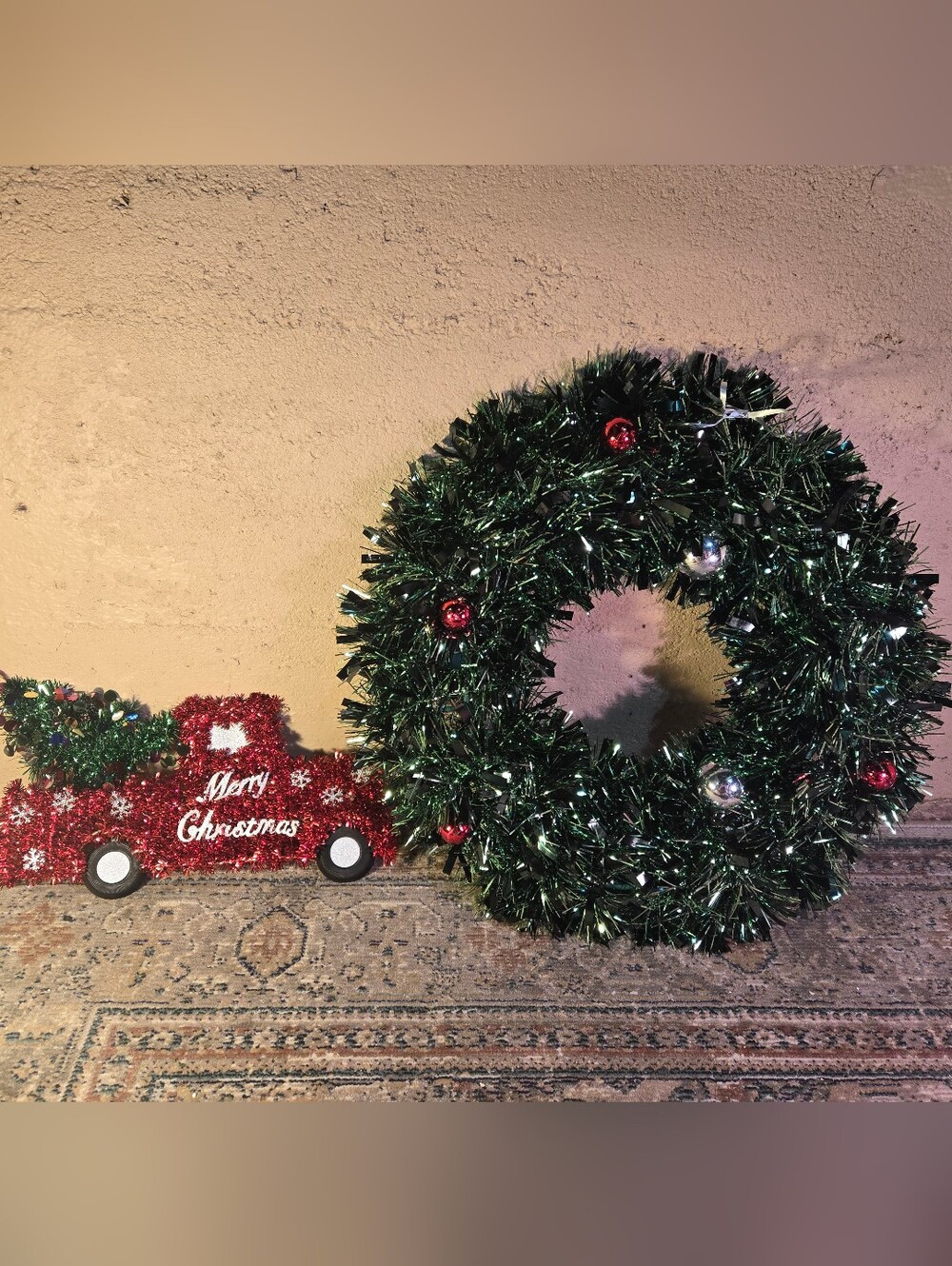 2 Christmas Hanging Tinsel Decorations Red Pickup Truck And Wreath